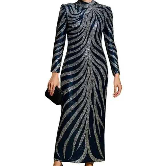 Vintage 1980s Black Beaded Silk Long Maxi Evening Gown Womens Medium - Picture 2 of 16